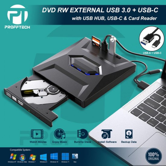 Profftech DVD-RW External USB 3.0 Type C USB Hub Card Reader Multiport Profftech DVD-RW External USB 3.0 Type C USB Hub Card Reader Multiport