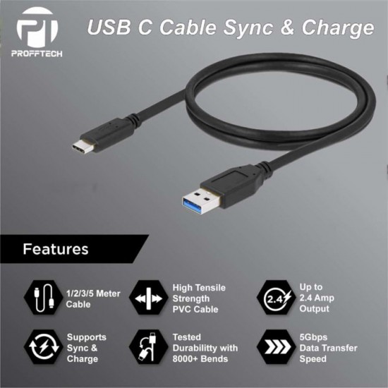 Profftech Kabel USB 3.0 to Type C 3.1 2 Meter Cable Sync Charge Profftech Kabel USB 3.0 to Type C 3.1 2 Meter Cable Sync Charge