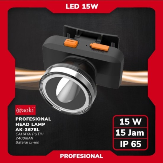 Aoki AK-3678L Professional Head Lamp 15W IP65 Senter Kepala LED 2400mAh Aoki AK-3678L Professional Head Lamp 15W IP65 Senter Kepala LED 2400mAh