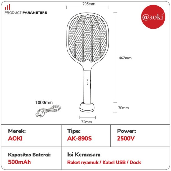 Aoki AK-890S Raket Nyamuk 2 in 1 USB Charging Mosquito Killer Aoki AK-890S Raket Nyamuk 2 in 1 USB Charging Mosquito Killer