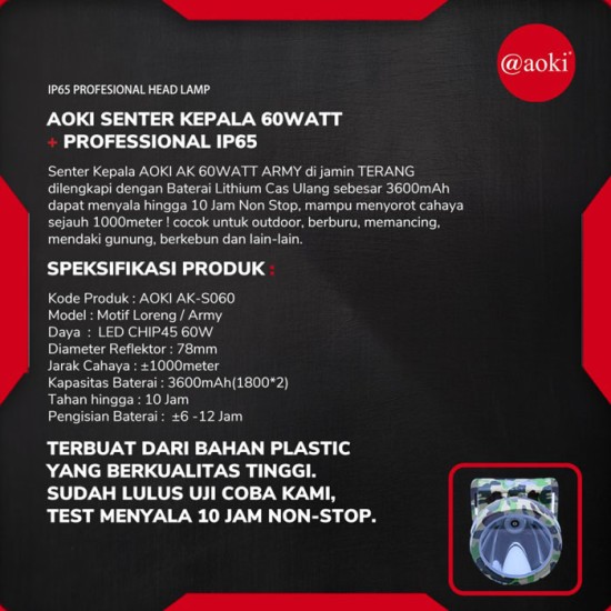 Aoki AK-S060 Professional Head Lamp 60W IP65 Senter Kepala LED 3600mAh Aoki AK-S060 Professional Head Lamp 60W IP65 Senter Kepala LED 3600mAh