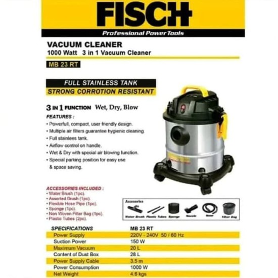 Fisch MB23RT 3 in 1 Vacuum Cleaner 1000 Watt - MB 23 RT Mesin Sedot Debu Fisch MB23RT 3 in 1 Vacuum Cleaner 1000 Watt - MB 23 RT Mesin Sedot Debu
