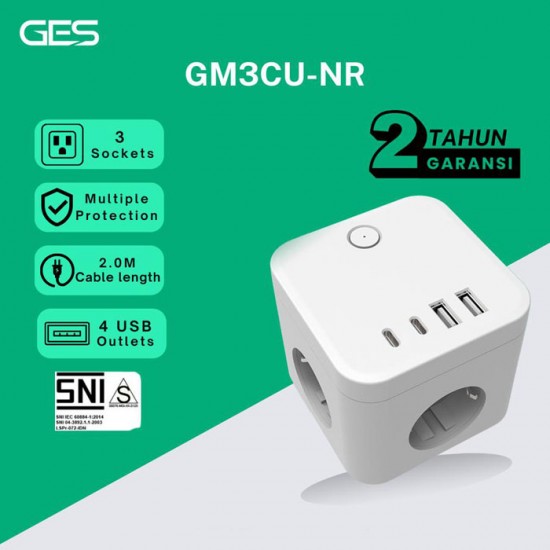 GES GM3CU-NR Stop Kontak 3 Lubang 4 Port USB Anti Petir Surge Protector