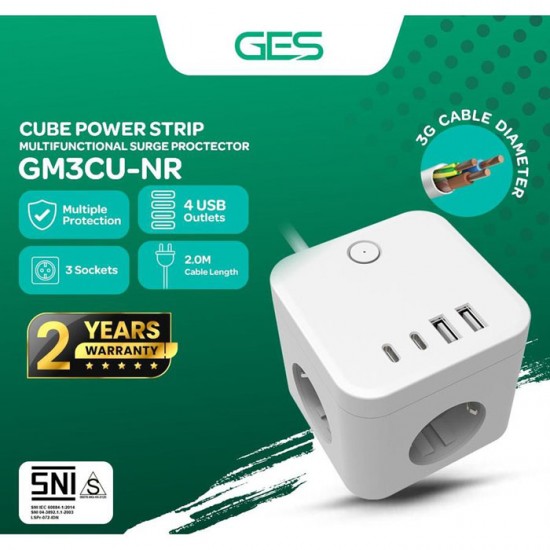 GES GM3CU-NR Stop Kontak 3 Lubang 4 Port USB Anti Petir Surge Protector