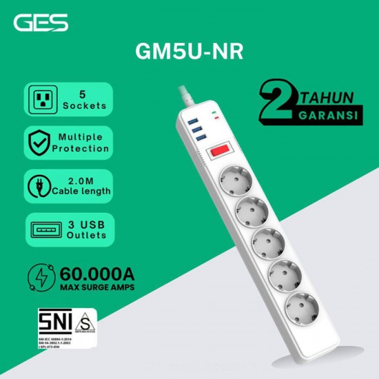 GES GM5U-NR Stop Kontak 5 Lubang 3 Port USB Anti Petir Surge Protector
