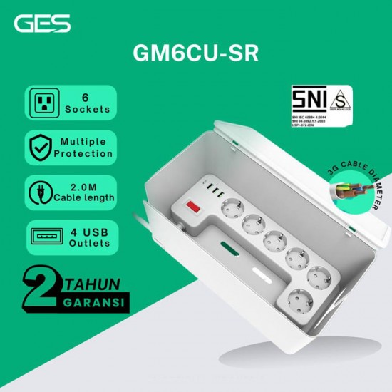 GES GM6CU-SR Stop Kontak 6 Lubang 4 Port USB Anti Petir Surge Protector with Box GES GM6CU-SR Stop Kontak 6 Lubang 4 Port USB Anti Petir Surge Protector with Box