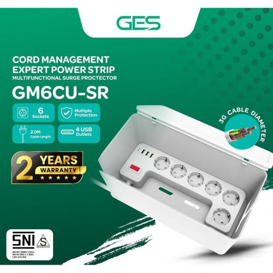 GES GM6CU-SR Stop Kontak 6 Lubang 4 Port USB Anti Petir Surge Protector with Box GES GM6CU-SR Stop Kontak 6 Lubang 4 Port USB Anti Petir Surge Protector with Box