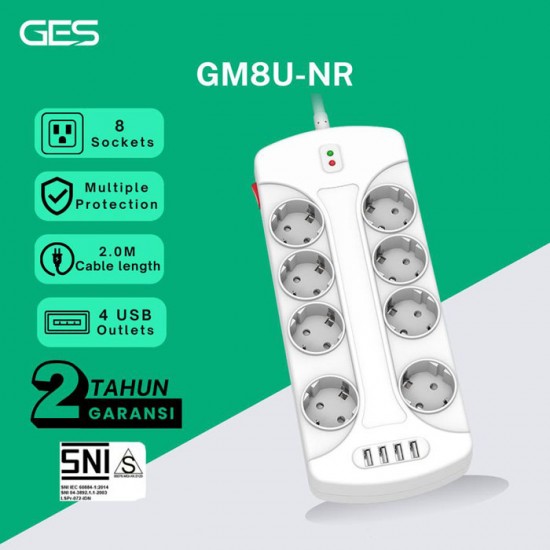 GES GM8U-NR Stop Kontak 8 Lubang 4 Port USB Anti Petir Surge Protector