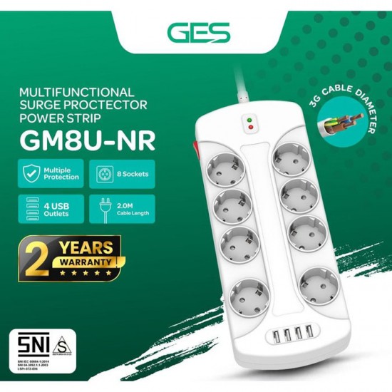 GES GM8U-NR Stop Kontak 8 Lubang 4 Port USB Anti Petir Surge Protector