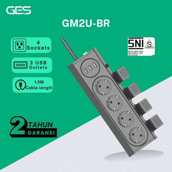 GES GM2U-BR Stop Kontak 4 Lubang 3 Port USB 16A
