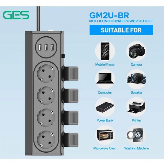 GES GM2U-BR Stop Kontak 4 Lubang 3 Port USB 16A