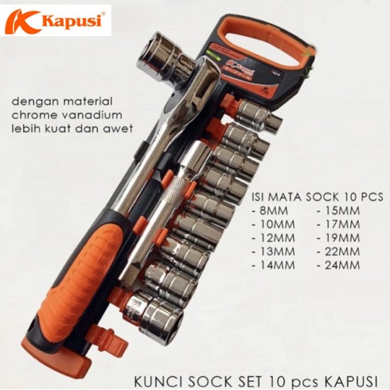 Kapusi K-9811 Socket Set 12 Pcs 0.5 Inch Kunci Sok Shock Chrome Vanadium Kapusi K-9811 Socket Set 12 Pcs 0.5 Inch Kunci Sok Shock Chrome Vanadium