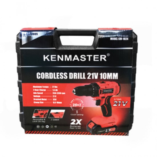 Kenmaster KM-1024 Cordless Drill 10mm 21V Bor Tanpa Kabel 2 Baterai