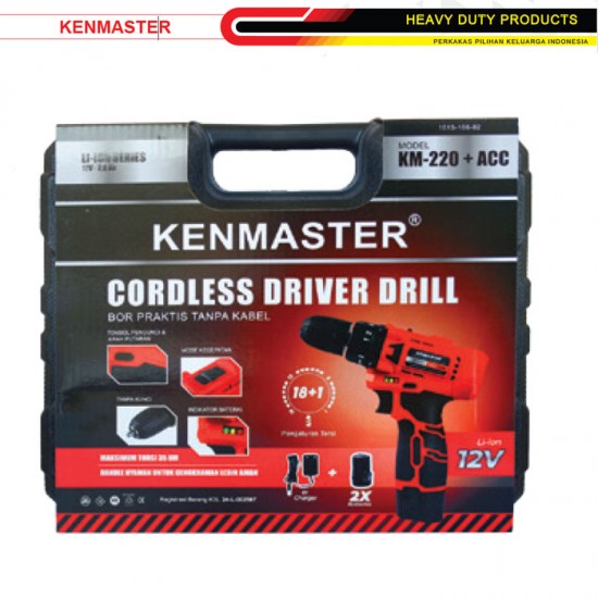 Kenmaster KM-220 + ACC Cordless Driver Drill 10mm Box Bor Tanpa Kabel Koper 12V