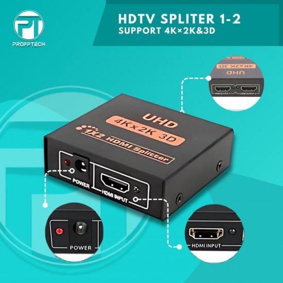 Profftech HDMI Splitter 2 Port 1 In 2 Out HDTV Full HD 3D 4K UHD