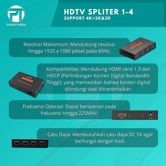 Profftech HDMI Splitter 4 Port 1 In 4 Out HDTV Full HD 3D 4K UHD