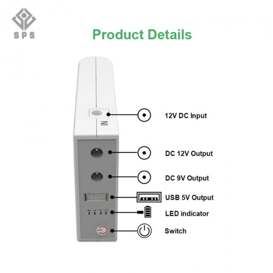 SPS 103A UPS Mini DC Portable Power Bank Lithium Battery 12V 2A