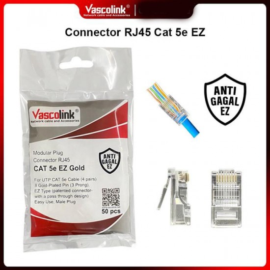 Vascolink Connector Konektor RJ45 Cat 5e EZ Gold Plated 50Pcs Vascolink Connector Konektor RJ45 Cat 5e EZ Gold Plated 50Pcs