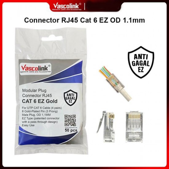 Vascolink Connector Konektor RJ45 Cat 6 EZ Gold Plated 50Pcs