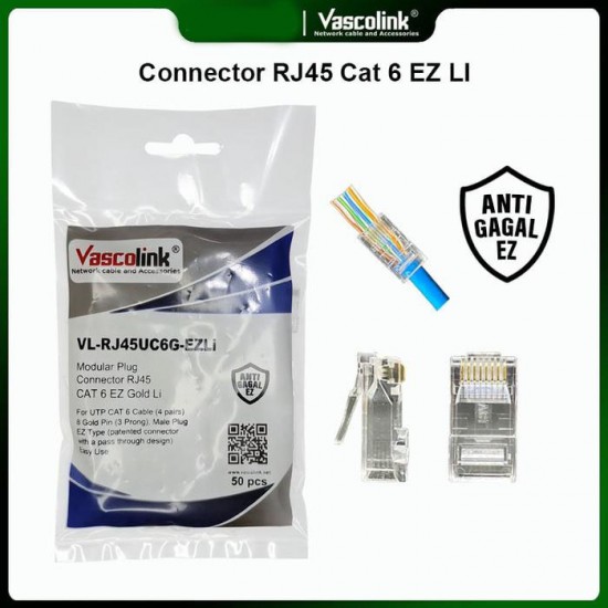 Vascolink Connector Konektor RJ45 Cat 6 EZ Gold Lite Plated 50Pcs Vascolink Connector Konektor RJ45 Cat 6 EZ Gold Lite Plated 50Pcs