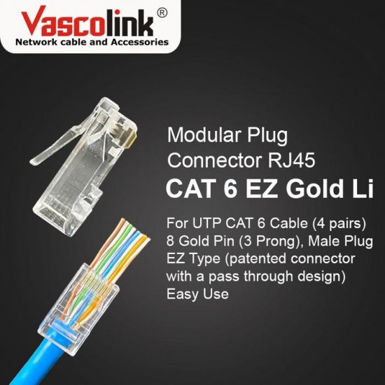 Vascolink Connector Konektor RJ45 Cat 6 EZ Gold Lite Plated 50Pcs Vascolink Connector Konektor RJ45 Cat 6 EZ Gold Lite Plated 50Pcs