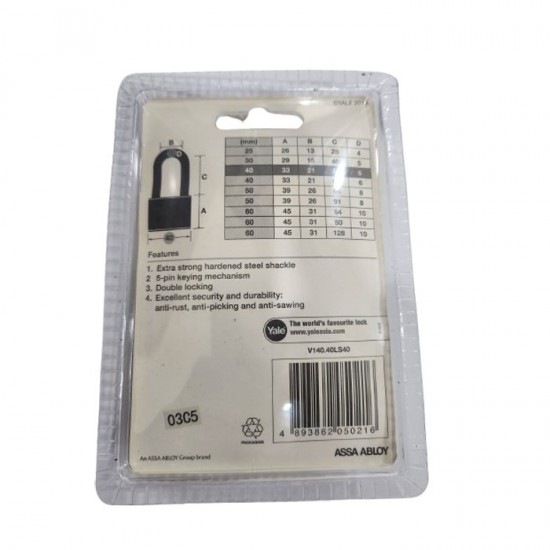 Yale V140-40LS40 Long Brass Padlock 140 Gembok Panjang 40mm