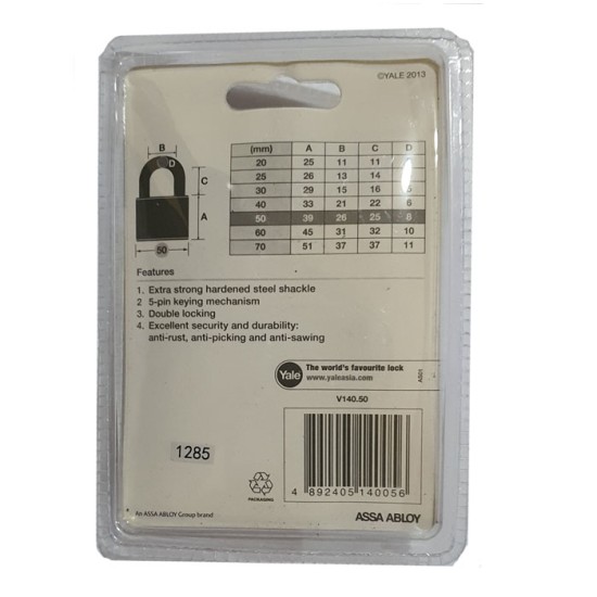 Yale V140-50 Brass Padlock 140 Gembok 50mm Yale V140-50 Brass Padlock 140 Gembok 50mm