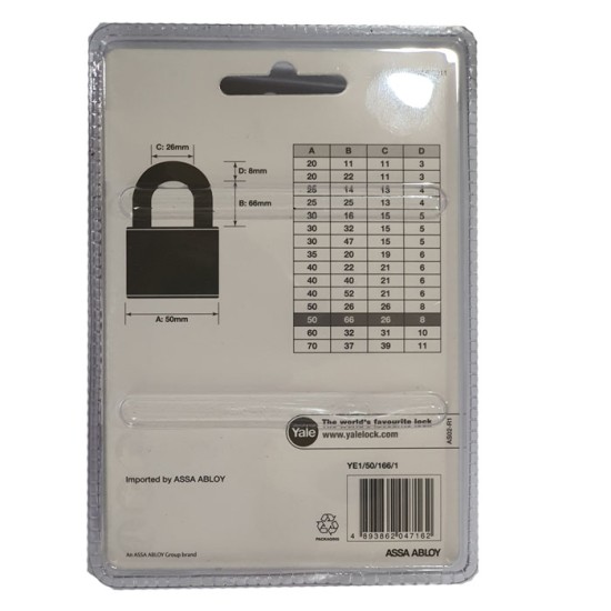 Yale YE1-50-166-1 Gembok Panjang 50mm Indoor Brass Long Shackle Padlock Yale YE1-50-166-1 Gembok Panjang 50mm Indoor Brass Long Shackle Padlock