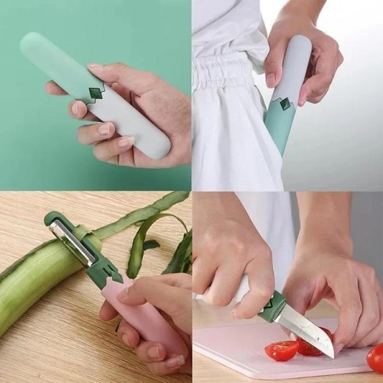 Pisau Peeler 2 in 1 Dengan Penutup Serutan Pengupas Buah Sayur Travel Portable