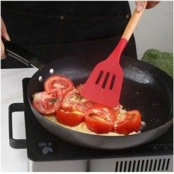 Spatula Silikon Gagang Kayu Bolong Sutil Slotted Turner