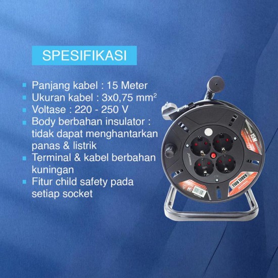 Kenmaster Kabel Roll 15 Meter 4 Lubang 3x0.75mm SNI Kabel Rol Colokan Listrik
