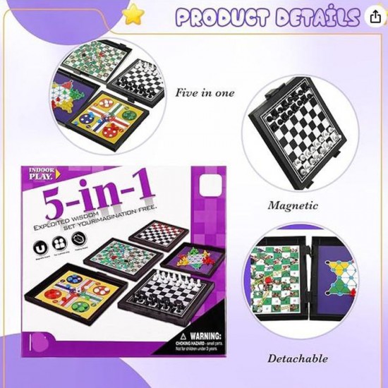 Mainan 5 in 1 Magnetic Board Game Catur Ludo Halma Ular Tangga